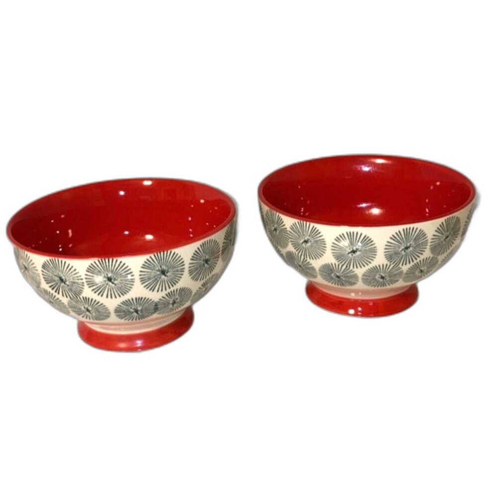 PIONEER WOMAN Bowl Cream with Green Starburst Red Interior 6 inches Set of 2